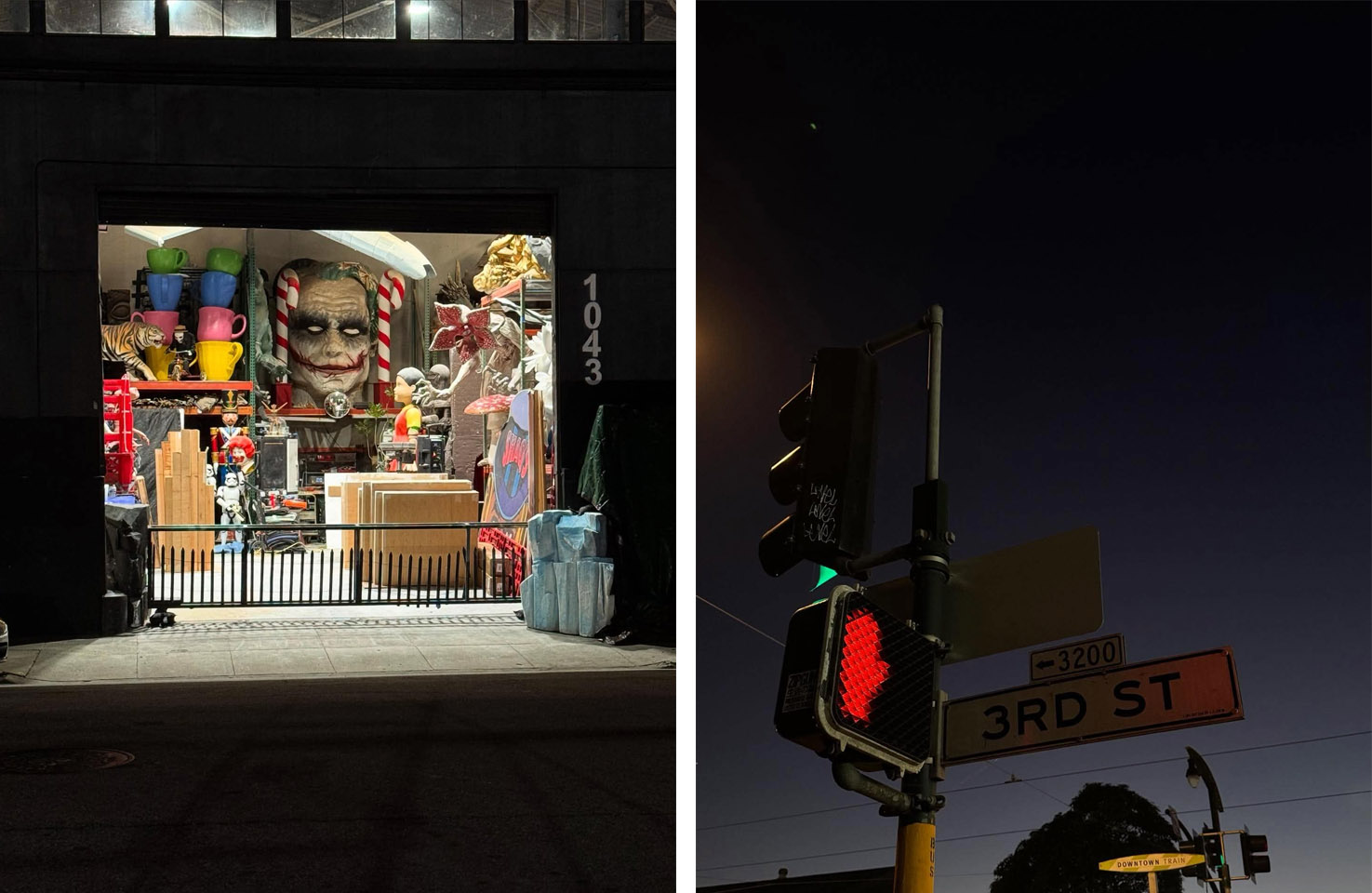 Two photos. Left photo prop shop garage, right photo is 3rd street sign
